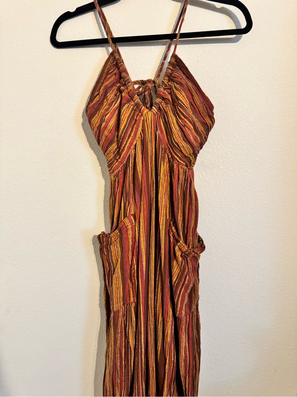 Free People XS Striped Halter Romper in Rust & Gold